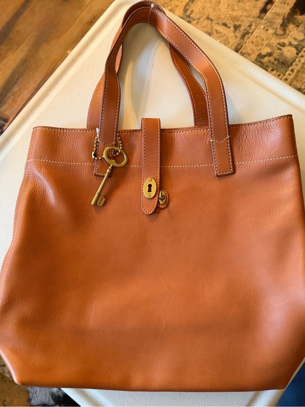 Fossil Tan Leather Key-Lock Tote